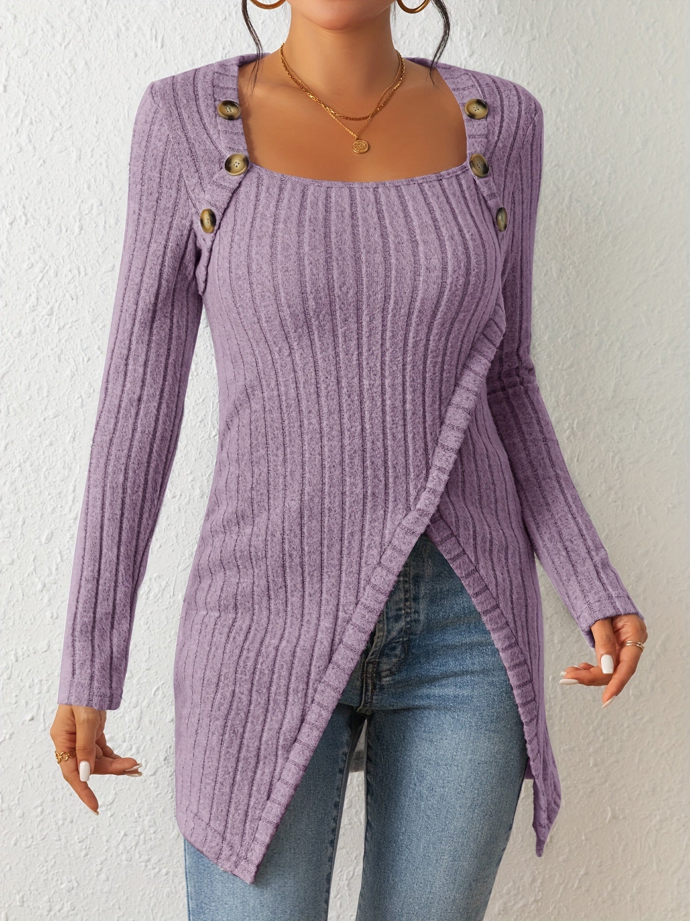Ribbed Button Decor Asymmetrical Hem T-Shirt