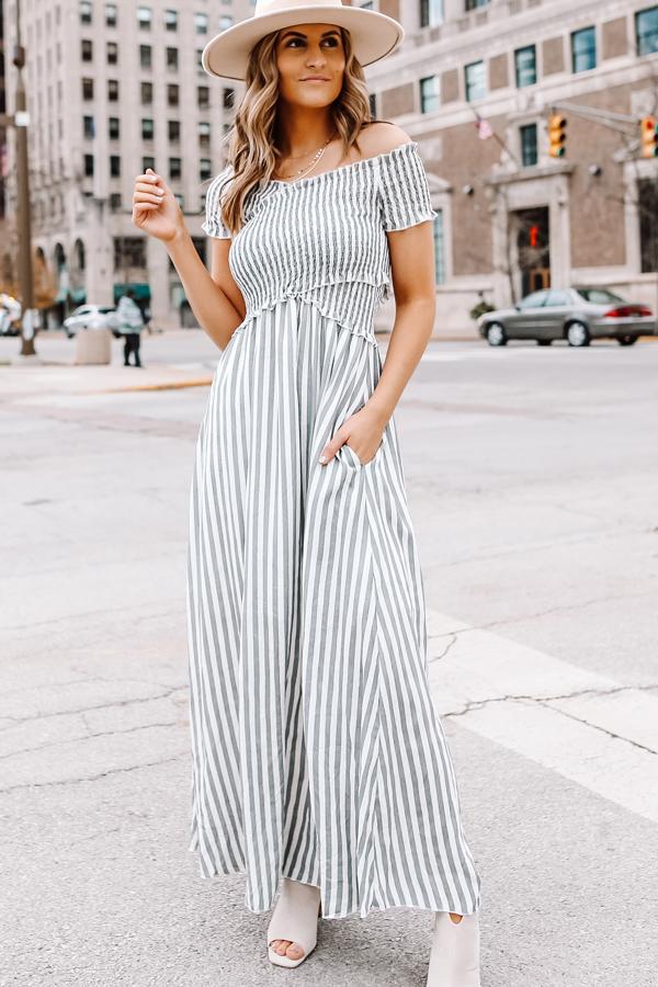 Stripe Print Fashion Smocked Chest Maxi Dress