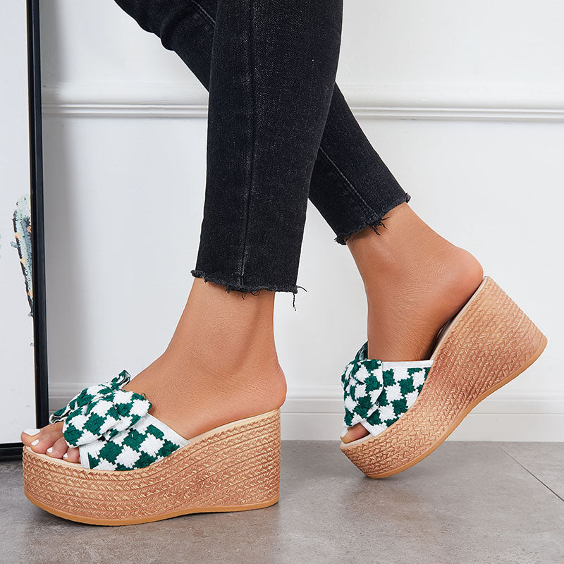 Bowknot Platform Wedge Slide Sandals Plaid Open Toe Slippers