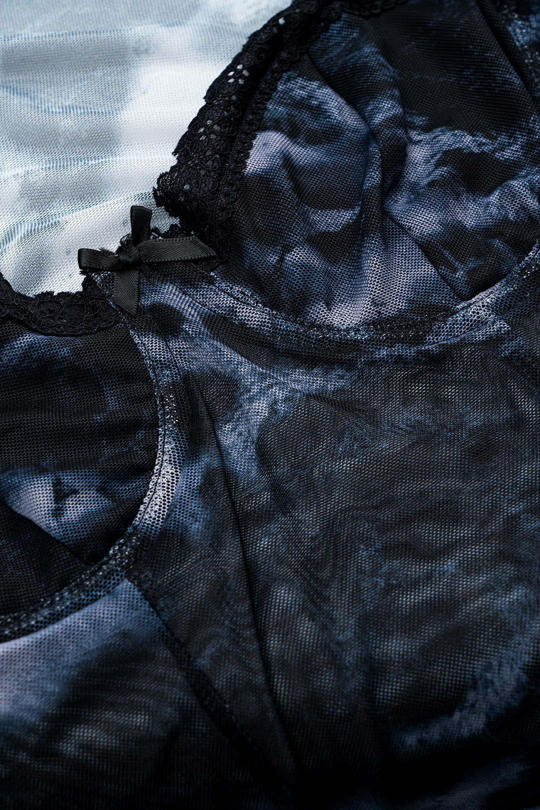 Tie Dye Print Mesh Bow Bustier Corset Long Sleeve Bodysuit