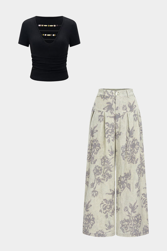 V-Neck Beaded Tank Top And Floral Print Trousers Set