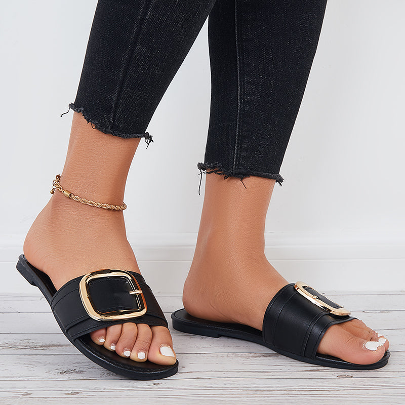 Buckle Flat Slide Sandals Square Toe Beach Slippers