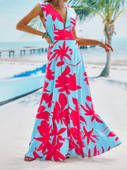 Sleeveless Magenta Floral Aqua Maxi Dress