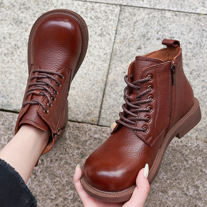 Wide Toes Handmade Genuine Leather Boots Lace-Up Combat Boots Retro Chunky Ankle Boots