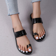 Black Toe Ring Slide Sandals Wide Flat Slippers