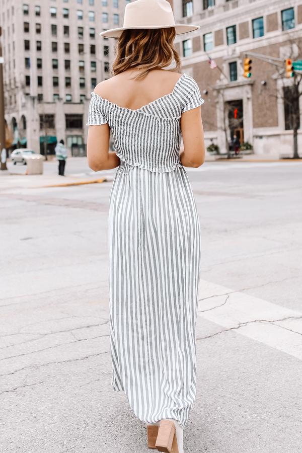 Stripe Print Fashion Smocked Chest Maxi Dress