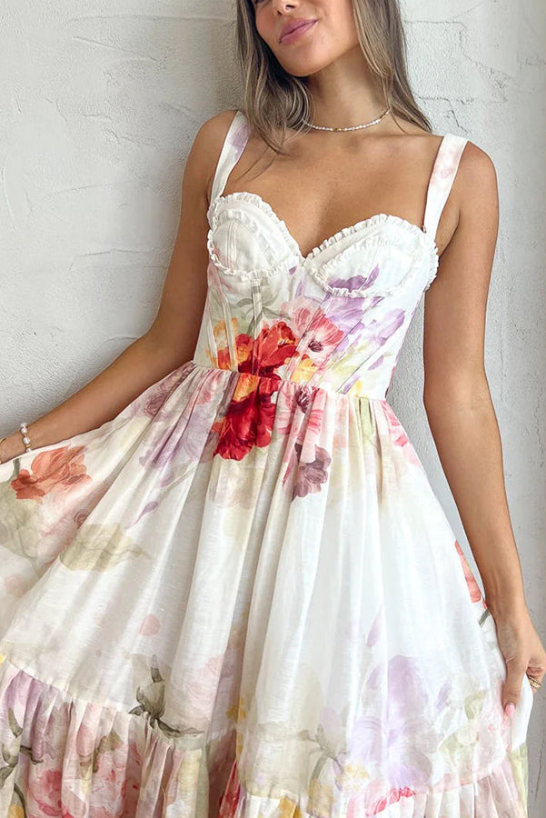 Romantic Date Floral Ruffle Detail Pocketed Corset Maxi Formal / Vacation Dress