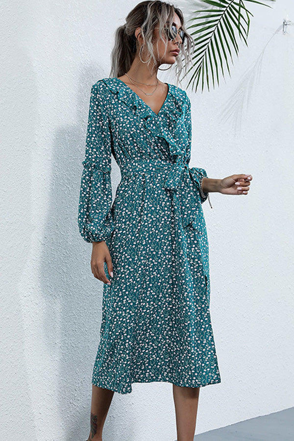 V Neck Ruffle Long Sleeve Floral Print Midi Dress