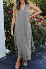 V NECK SLEEVELESS MAXI DRESS