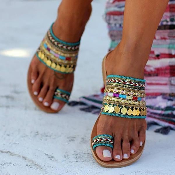 Ethnic Boho Style Toe Ring Slippers