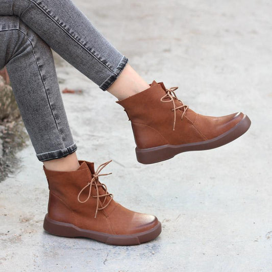 Women Retro Boots Lace Up Soft Leather Oxford  Casual Walking Booties Brown/Black