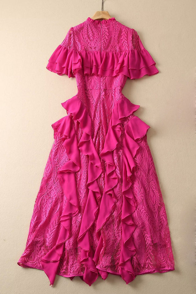 Oriana Pink Solid Lace Frill Midi Dress