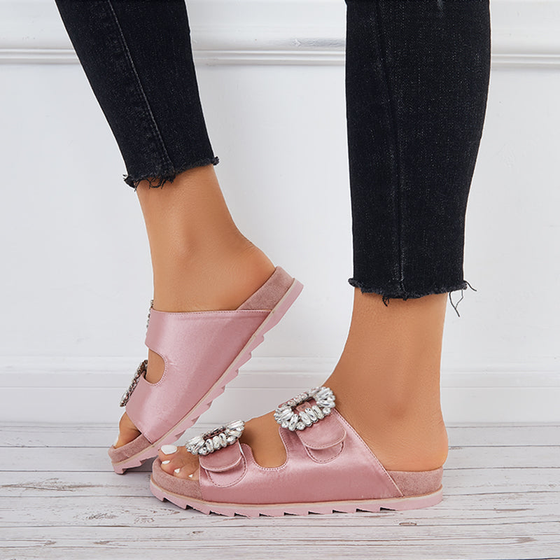 Rhinestone Velcro Platform Slides Slip on Flat Sandals Slippers