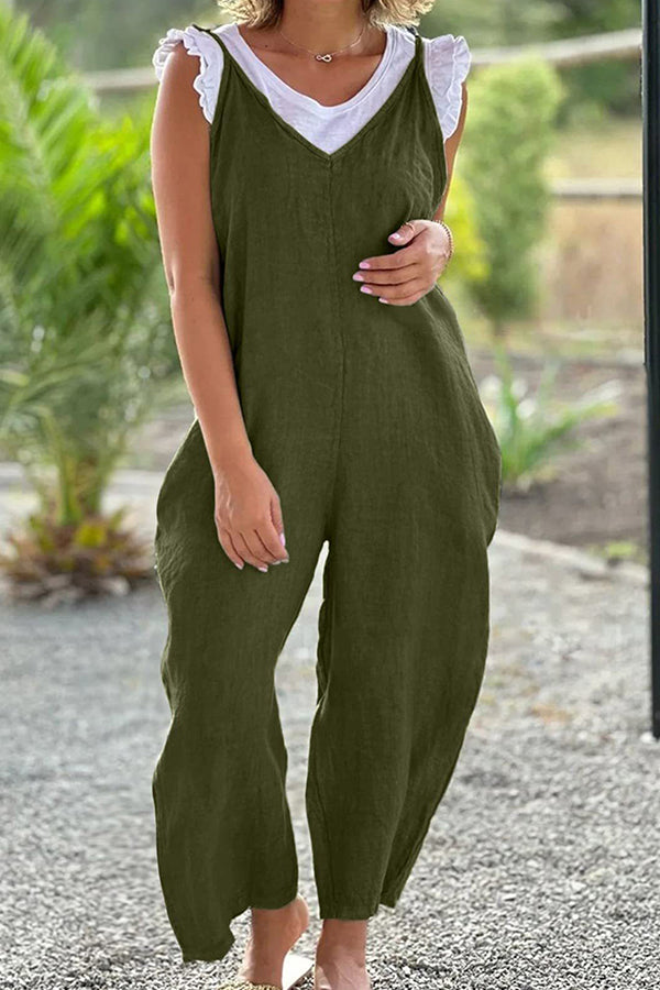 V-neck wide-leg pants suspenders solid color long jumpsuit