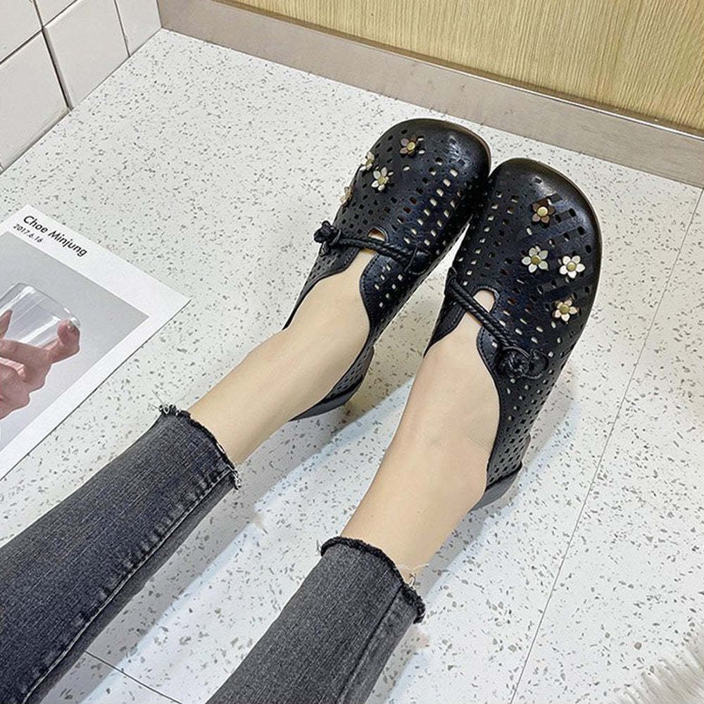 Vintage Flower Hollow Out Round Toe Flats