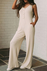 Apricot Sleeveless Buttoned Ribbed Wide Leg Jumpsuit with Pockets