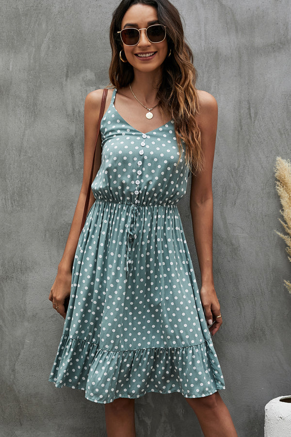 Dots Print V Neck Sleeveless Casual Dress