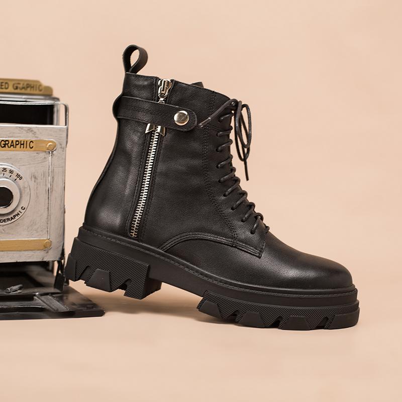 Fashion Cowhide Combat Boots Designer Retro Chunky Riding Boots Side Zip Black Matte / Black Smooth / Black Litchi