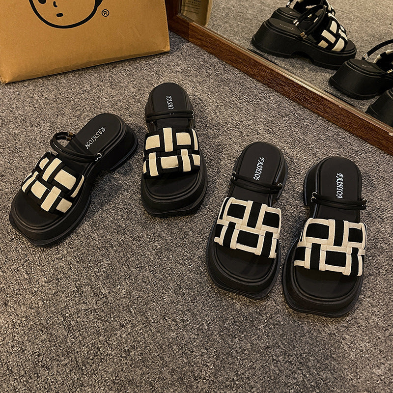 Women's Black White Plaid Outer Wear Summer Sandals