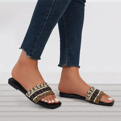 Braided Flat Slide Sandals Square Toe Beach Slippers