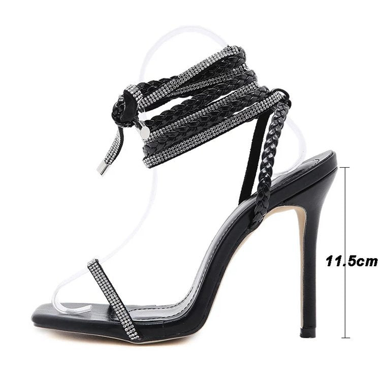 Women's High Sexy Rhinestones Knitted Belt Ankle Sandals