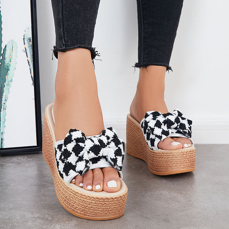 Bowknot Platform Wedge Slide Sandals Plaid Open Toe Slippers