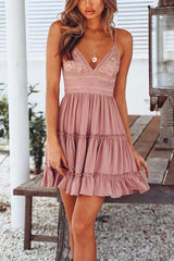 Sexy V Neck Tiered Ruffle Pink Blending Mini Dress