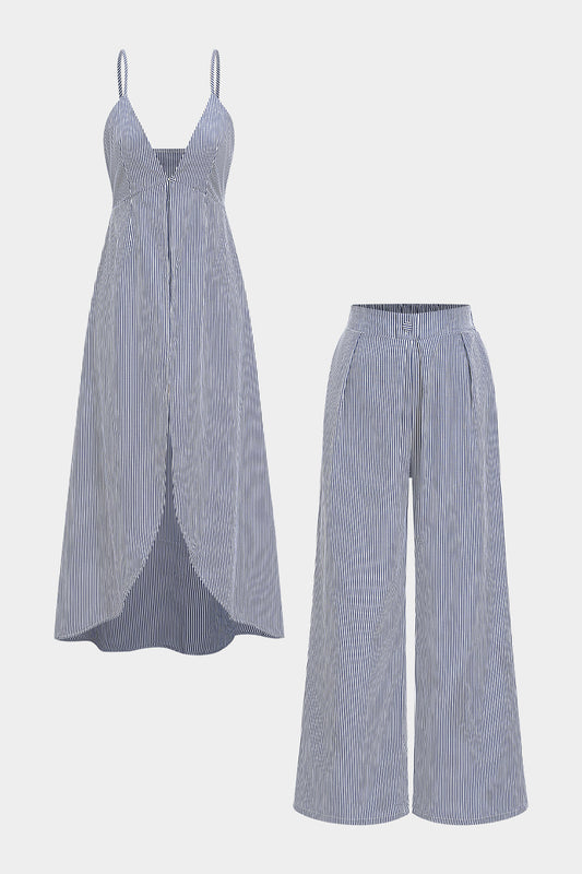 Stripes Print High Slit Sleeveless Trousers Set