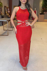 Stunning Gaze Knit Texture Ring Side Waist Cutout Stretch Maxi Dress