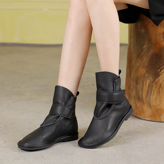 Handmade Women's Leather Booties Round Toe Velcro Flat Ankle Boots Brown/Black/Coffee