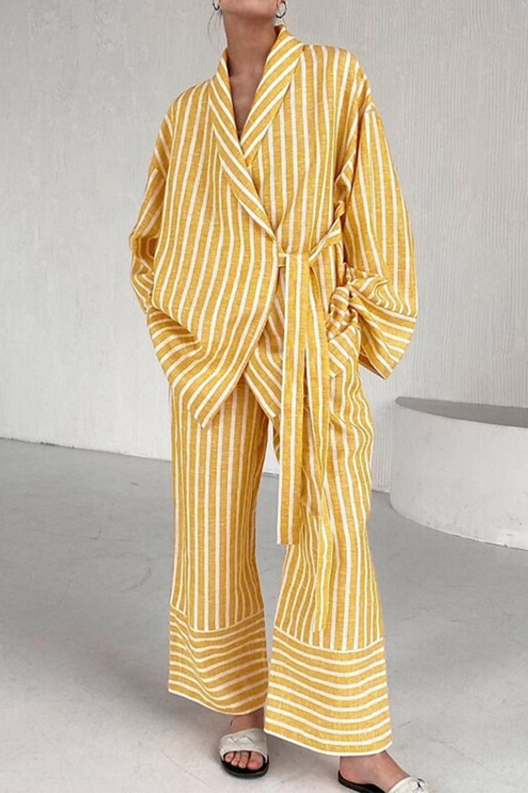 Stripes Print Tie-Up Long-Sleeve Shirt And Trousers Set