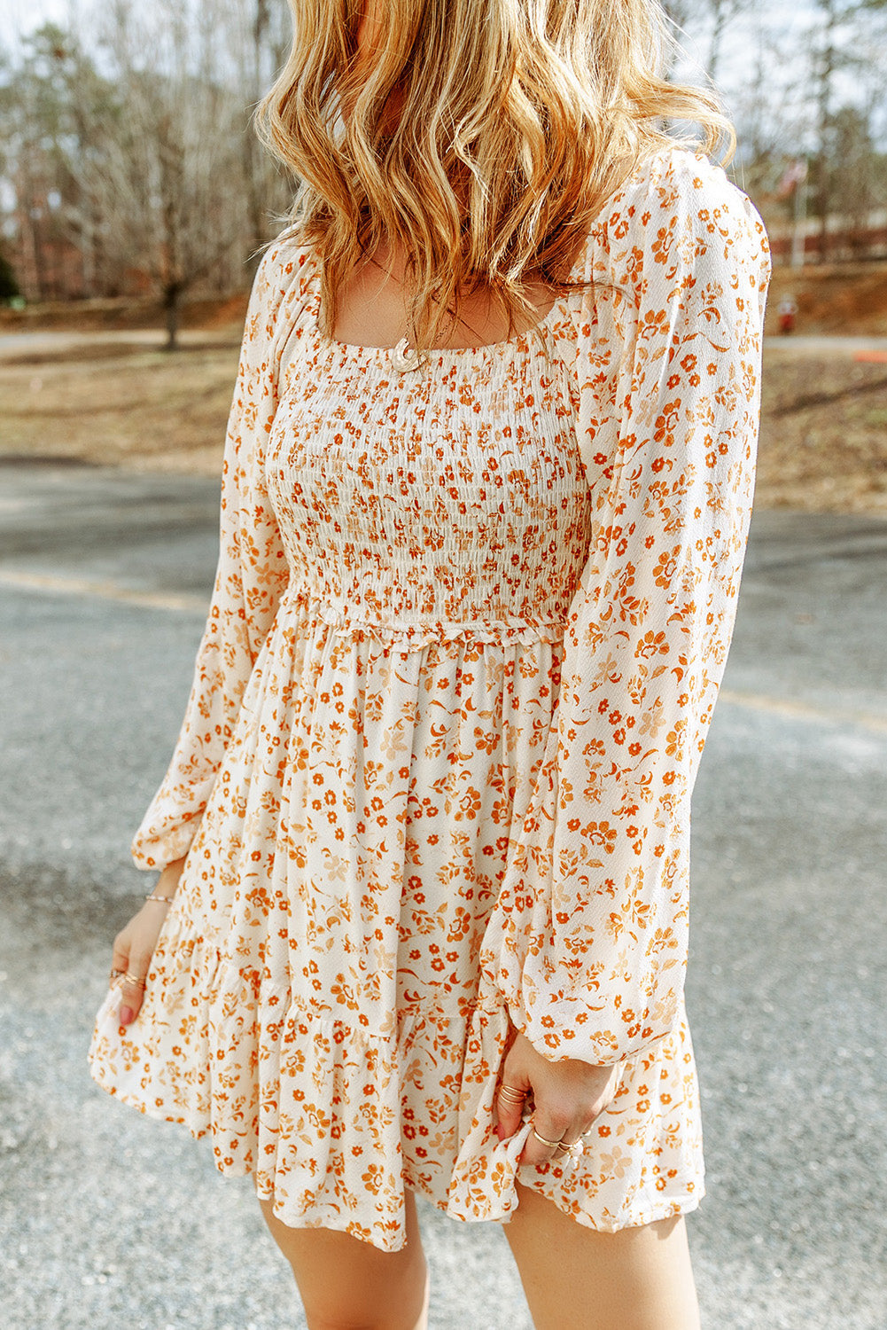 Apricot Boho Floral Smocked Puff Sleeve Mini Dress