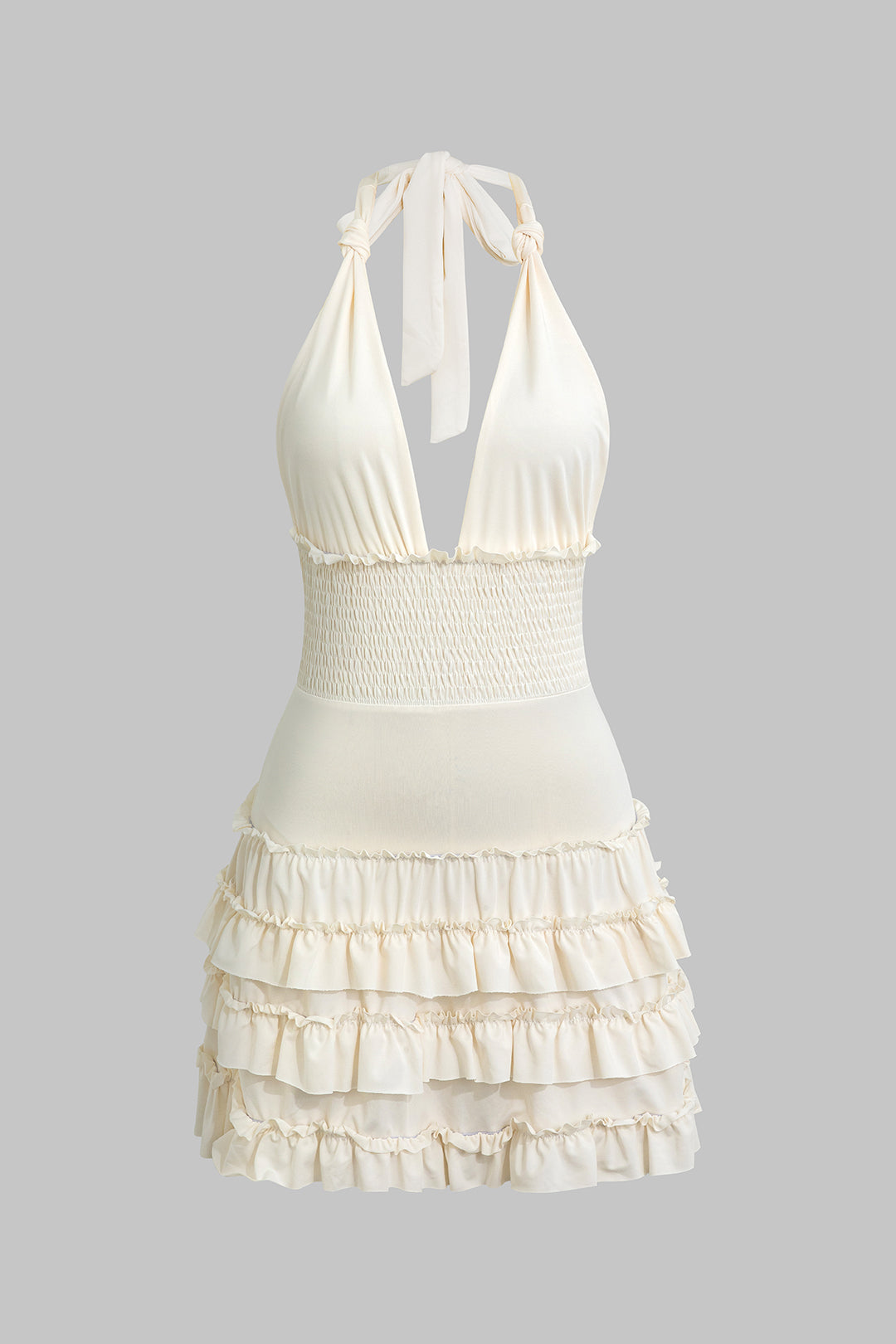 V-Neck Halter Neck Backless Knotted Shirred Sleeveless Mini Dress