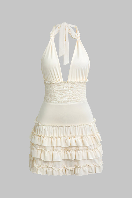 V-Neck Halter Neck Backless Knotted Shirred Sleeveless Mini Dress