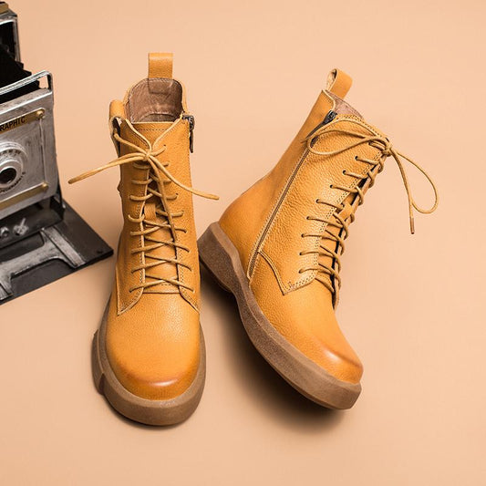 Leather Boots Designer Retro Chunky Riding Boots Side Heart Shape Handmade Coffee/Black/Yellow