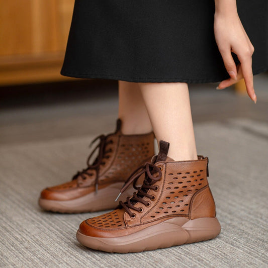 Womens Lace up Summer Boots Handmade Leather Hollow Out Platform Boots Brown/Black
