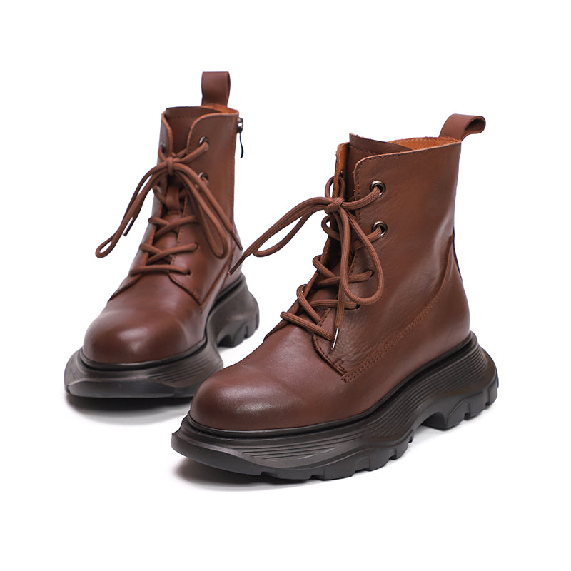 Winter Boots Handmade Genuine Leather Lace-Up Combat Boots Retro Chunky Platform Boots Black/ Coffee