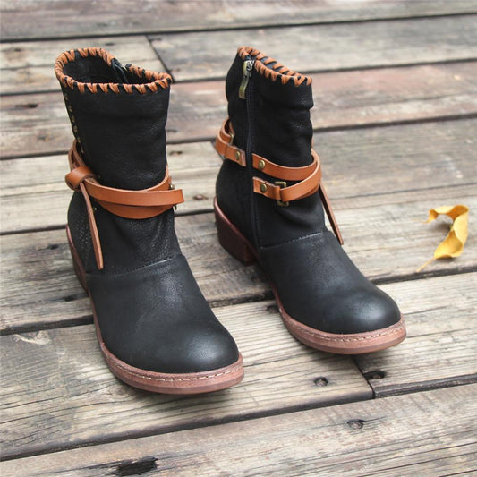 Women'S Leather Heeled Ankle Boots Retro Rivet Comfortable Walking Round Toe Black