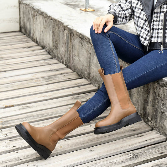 Classic Chunky Chelsea Boots Handmade Genuine Leather in Black/Brown