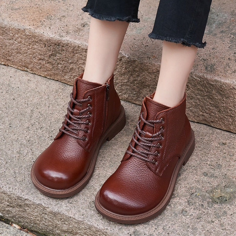 Wide Toes Handmade Genuine Leather Boots Lace-Up Combat Boots Retro Chunky Ankle Boots