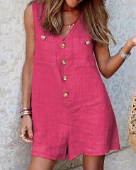 V-neck button patch tank top Rompers