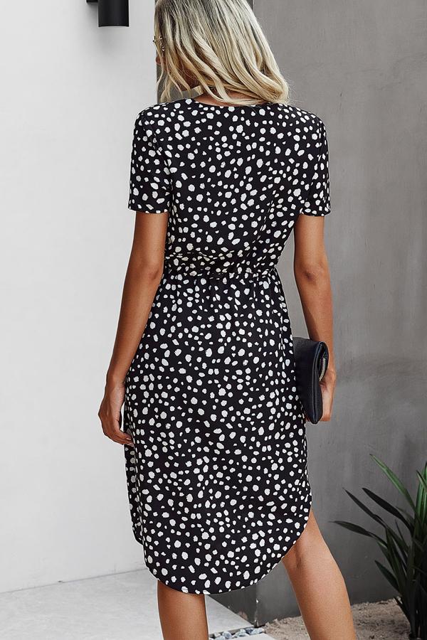V Neck Print Short Sleeve Tie Waist Casual Dress