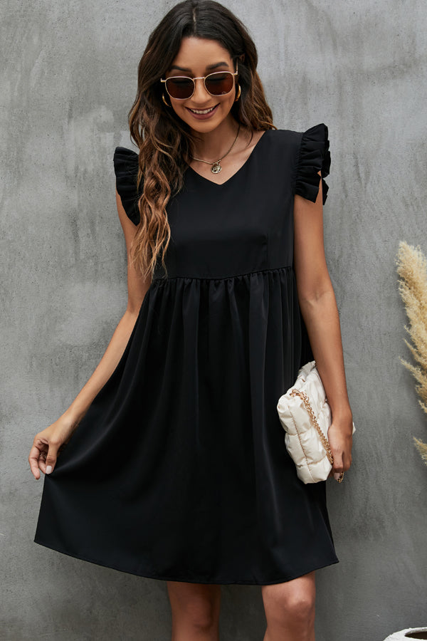 Fashion Solid Color Ruffle Shoulder Casual Mini Dress