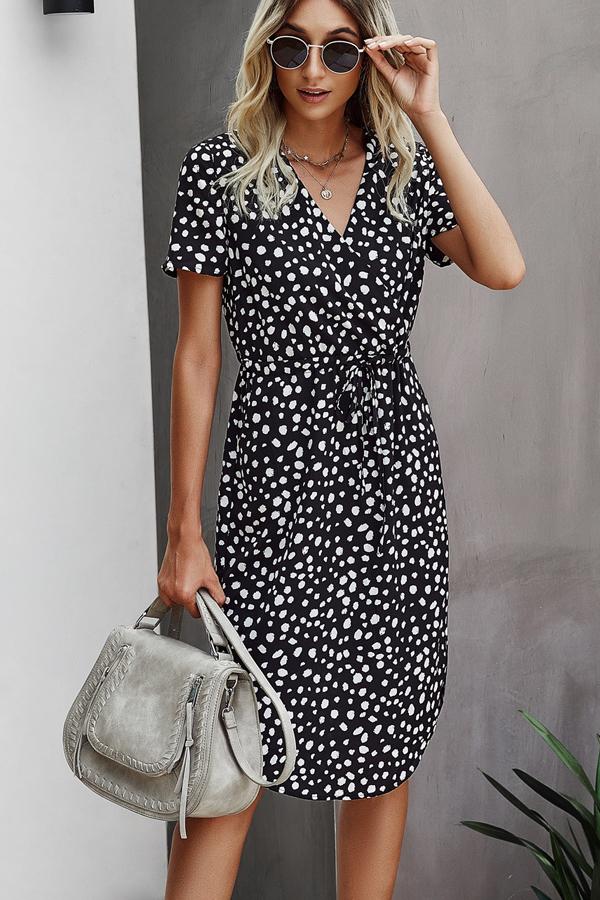 V Neck Print Short Sleeve Tie Waist Casual Dress