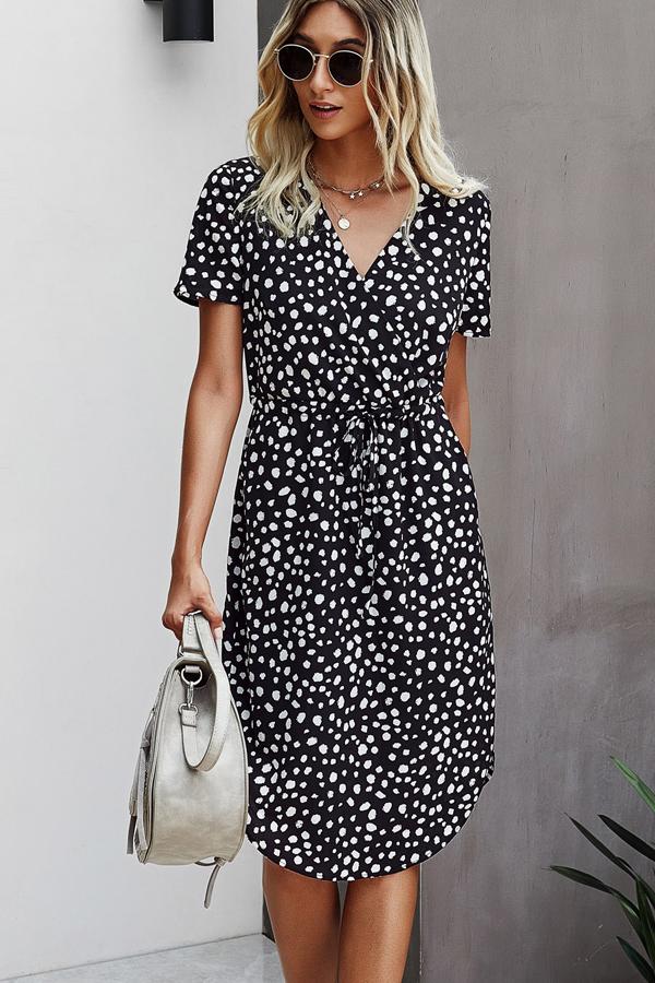 V Neck Print Short Sleeve Tie Waist Casual Dress