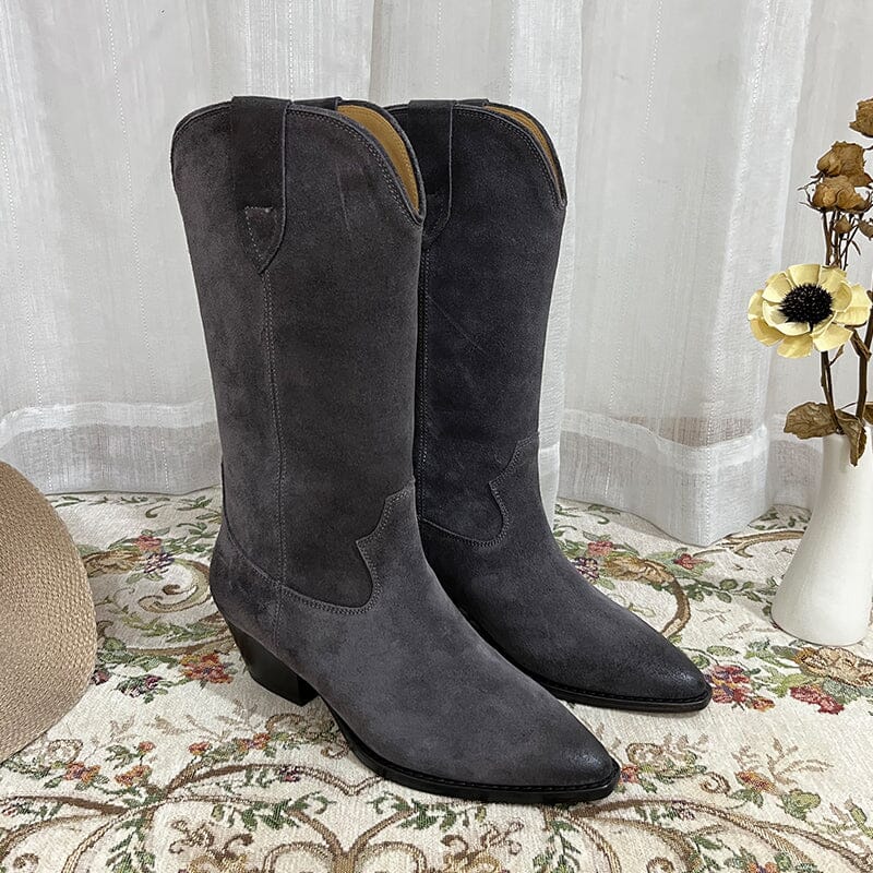 Womens Western Suede Mid Calf Boots Block Heel - Khaki/Black/Grey/Brown Cowgirl Boots All Genuine Leather