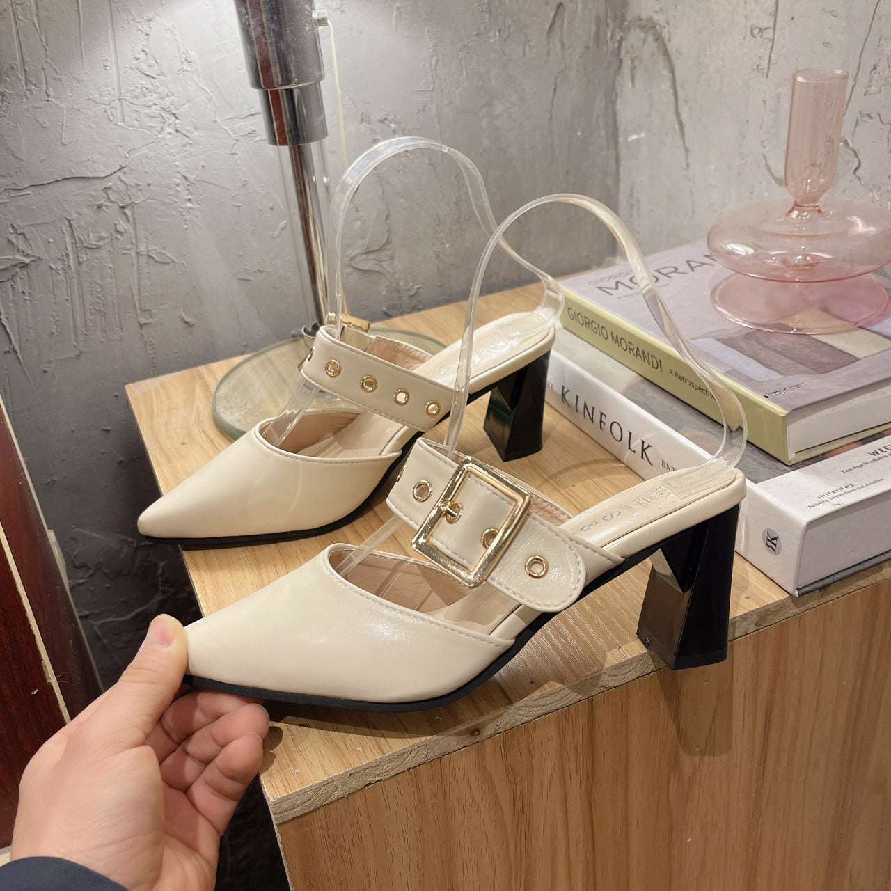 Women's Cap Semi High Chunky Pointed Belt Sandals