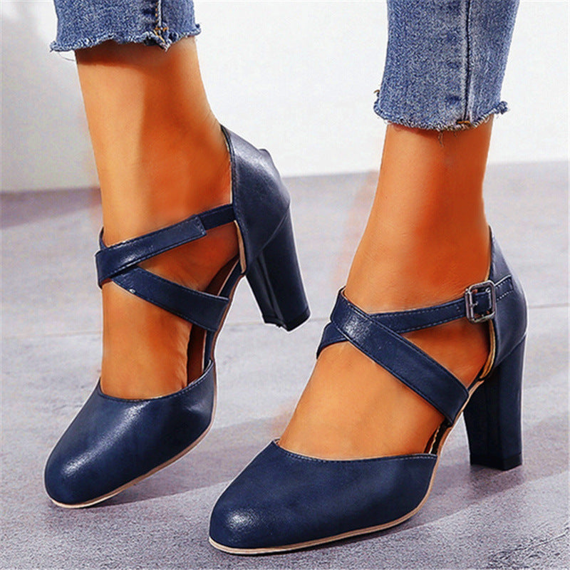 PU Cross Straps Thick Heel Sandals
