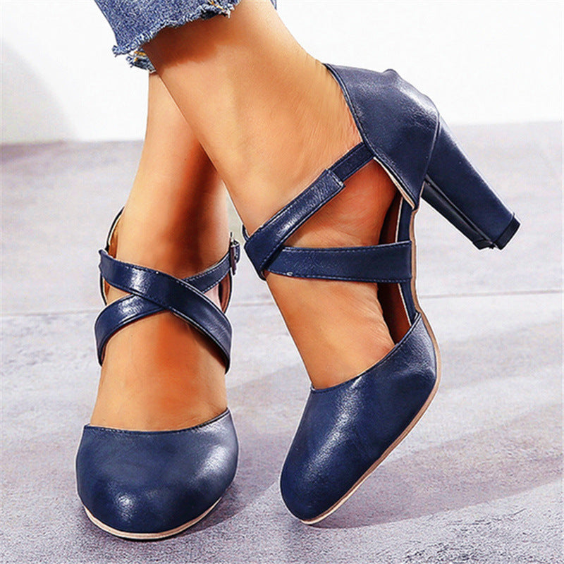 PU Cross Straps Thick Heel Sandals