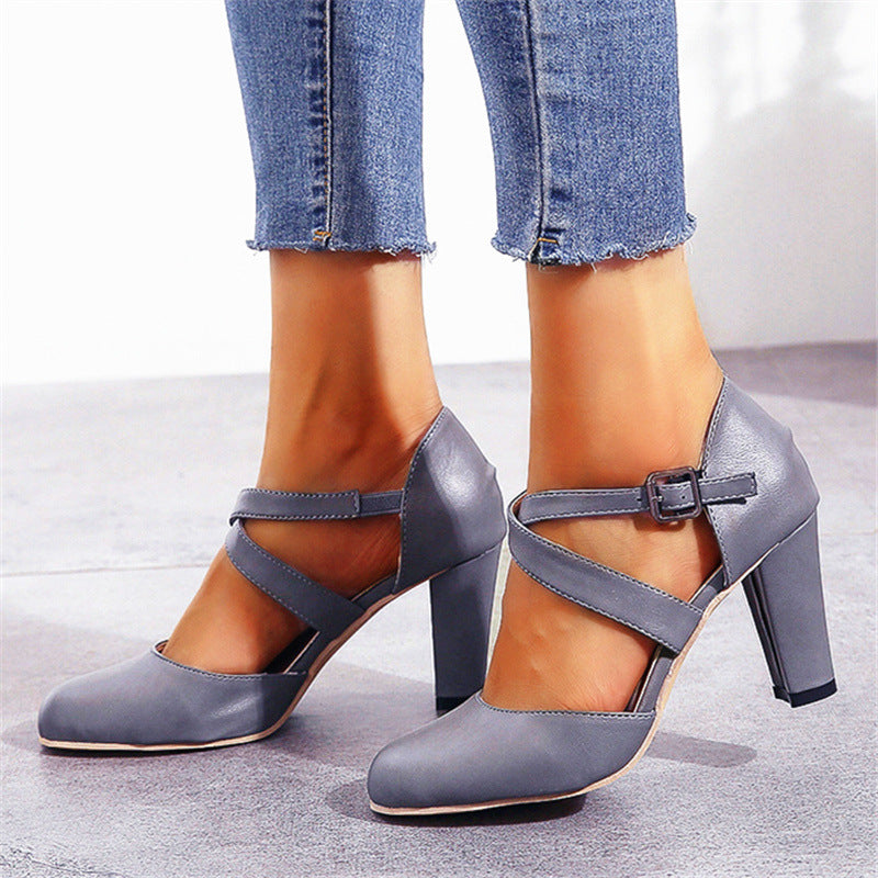 PU Cross Straps Thick Heel Sandals